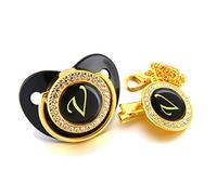 Bébé Noir Sucette Nom Initiales Lettre Bling De Luxe Dummy Tétine avec Chaîne Clips pour 0-18M, Sucettes et Accessoires