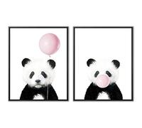BéBé Panda Imprimé Animal Avec Bubble-Gum Affiche PéPinièRe Murale Art Tableaux Decoration Mignon Ballon Rose BéBé Cadeau Toile tableau Peinture Sans Cadre 50×70cm×2 PièCes