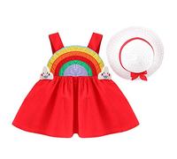 Bébé Robe d'été décontractée pour Fille en Coton avec Chapeau 2pcs Ensemble arc-en-ciel Noeud Papillon Sans Manches Marige Princess Première Anniversaire Ceremonie Tout Petit Vêtements Rouge 18-24M