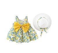 Bébé Robe d'été décontractée pour Fille en Coton avec Chapeau Ensemble Imprimé de Fleurs Noeud Papillon sans Manches Marige Princess Ceremonie Naissance Tout Petit Vêtements Jaune Vert Fleur 2-3 Ans