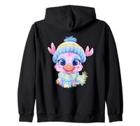 Bébé Souriant élan Hiver Animal Portrait Graphique Pompon Bleu Sweat à Capuche