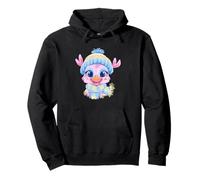Bébé Souriant élan Hiver Animal Portrait Graphique Pompon Bleu Sweat à Capuche