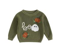 Bébé Unisexe Pumpkin Pull Halloween Manches Longues Col Rond Citrouille Lettre De Broderie Pull En Tricot Bébé Sweat-shirt Halloween Fantôme Boo Pumpkin Pull En Tricot (Vert-A, 12-18 Months)