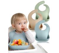 BebeCalin Lot de 3 bavoirs pour bébé de 6 à 12 mois, bavoirs en silicone sans BPA, doux et réglables, bavoirs de sevrage imperméables, faciles à nettoyer, non salissants avec grande poche pour