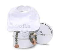 BebeDeParis | Cadeau biologique et écologique unisexe pour bébé | Couleur : gris | Avec tétine et bavoir personnalisés + tétine et anneau de dentition en silicone