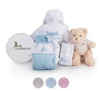 BebeDeParis Cadeau de Naissance Personnalisé avec Peignoir de bain brodé pour bébé en mousse et ours en peluche (bleu) Présenté dans une Élégante Boîte Vintage Taille 6/12 mois