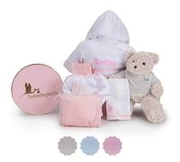 BebeDeParis Cadeau de Naissance Personnalisé avec Peignoir de bain brodé pour bébé et nouveau-né Rose. Le Cadeau est Présenté dans une Élégante Boîte Vintage. Taille 6/12 mois