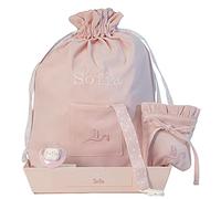 BebeDeParis. Cadeau de Naissance pour Bébé Nouveau-né - Cadeau Bébé - Tétine Personnalisé, Sac de Crèche Brodé, Sac à Tétine et Attache-tétine en tissu - rose