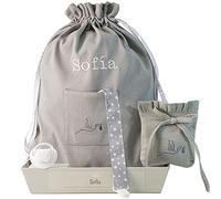 BebeDeParis. Cadeau de Naissance pour Nouveau-né - Cadeau Bébé - Tétine Personnalisé, Sac de Crèche Brodé, Sac à Tétine et Attache-tétine en tissu - Gris