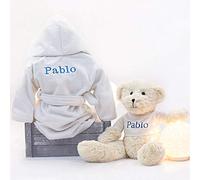 BebeDeParis | Cadeaux originaux pour les nouveau-nés | Panier avec peignoir brodé et ours en peluche | 3-6 mois (Bleu)