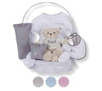 BebeDeParis - Panier-cadeau personnalisé pour bébé 3-6 mois en gris | Pyjama étoile, couverture, sucette, ours, bavoir et plus | Cadeaux de Naissance Personnalisé pour les nouveau-nés