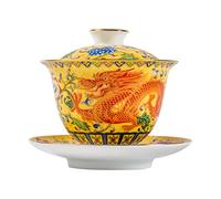BEBEMOKO Tasse à Thé Chinoise Gaiwan En Céramique Jaune Dragon Résistant à La Chaleur Bol à Thé Pour Infusion Maison Avec Soucoupe