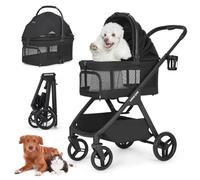 Beberoad Pets X-5 Chariot de luxe pour chien jusqu'à 55 lbs/2 petits chiens/chats, chariot de transport 3 en 1 et siège auto, pliable en un clic, poignée réglable, roues tout terrain, noir