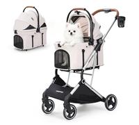 Beberoad T3 Pro Poussette 3 en 1 pour chiens et chats de petite et moyenne taille de moins de 20 kg, poussette pliable et amovible avec coussinet, porte-gobelet, cadre givré et tissu amélioré, beige
