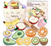 Beberolen Jouet Bois Fruit de Coupe pour Dinette Enfant, Jeux Ustensile Accessoire Cuisine Bois Enfant avec Couteau Aliment Nourriture, Kit Cadeau Anniversaire Pâques Halloween Noël Garçon Fille Bébé