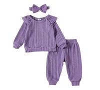 Bébés et filles européens et américains, couleur claire, haut à manches longues avec manches volantes, pantalon et chapeau, costume trois pièces filles vêtements, lilas, 2-3 ans