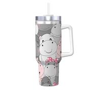 Bébés hippopotames mignons,Gobelet isotherme Ice Bully de 40 oz avec poignée, couvercle et paille, en acier inoxydable, pour voiture ou café.