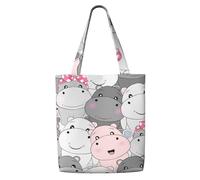 Bébés hippopotames mignons，Sacs d'épicerie réutilisables, sacs fourre-tout de grande capacité, sac à bandoulière en toile