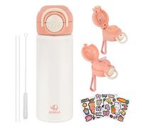 BEBOAN Bouteille d'eau isotherme en acier inoxydable avec paille, bouteille d'eau en métal rose pour enfants, bouteille thermique à double paroi sans BPA, gourde rabattable pour filles avec 3