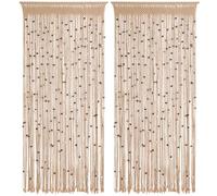 BECHAEO Lot de 2 Rideaux à ficelles en Coton Fait à la Main en macramé avec Perles en Bois et Pompons à Suspendre de Style Hippie - Séparateur de pièce pour Couloir, Placard, Chambre à Coucher,