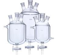 Bécher en verre, flacon à fond rond， Flacon de réaction à double couche trois cols, valve décharge, 250-2000 ml, joints 14 29 mm(250ml 29-24-24-24)