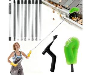 bechoanigel 2 en 1 Nettoyeur Gouttiere,390cm Brosse de Gouttière avec Manche Télescopique et Brosse/Pelle,Nettoyeur de gouttières,Facile à Démonter, pour Nettoyer les Feuilles,les,Fenêtres,Lustres