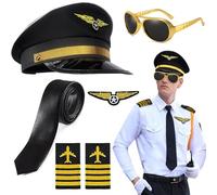 bechoanigel Accessoires de Costume de Capitaine de Pilote,Costume de Pilote pour Carnaval,avec Chapeau de Pilote,Broche,Cravate,Badge,Bandoulière, Lunettes de Soleil pour Fête de Carnaval Cosplay