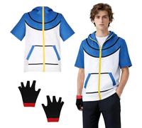 bechoanigel Costume de cosplay d'anime, veste bleue et blanche, ensemble de gants, costume classique de cosplay, unisexe, sweat à capuche, pour Halloween, fêtes à thème, spectacles sur scène