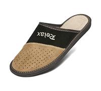 BeComfy Chaussons Homme Cuir VIP Pantoufles Hommes Confort Maison King Dad Supermen Relax 40-46 EU (Noir Beige, Système Taille Chaussures EU, Adulte, Numérique, Moyen, 41)