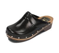 BeComfy Femmes Sabots en Cuir véritable avec Semelle en Bois Cuir perforé Noir Bleu 35-41 EU (Noir perforées, Système Taille Chaussures EU, Adulte, Numérique, Large, 38)