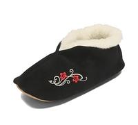 BeComfy Pantoufles Unisex Chaudes en Cuir et Laine pour Femmes Hommes 36-46 EU (Fleurs noir, Système Taille Chaussures EU, Adulte, Numérique, Moyen, 40)