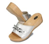 BeComfy Sabots en Bois pour Femme avec chaîne Chaussures Ouvertes en Cuir, Sabots de Jardin, Chaussons, Mules Tailles 36-41 EU (Argent, Système Taille Chaussures EU, Adulte, Numérique, Moyen, 39)