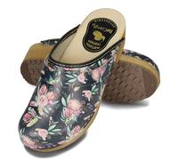 BeComfy Sabots en Cuir pour Femme Mules à Talons en Bois Étoiles Fleurs Colorées Bleu Blanc 35-41 EU (Noir Rose, 41 EU)