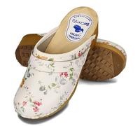 BeComfy Sabots en Cuir pour Femme Mules à Talons en Bois Étoiles Fleurs Colorées Bleu Blanc 35-41 EU (Blanc et Fleurs, 40 EU)
