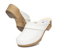 BeComfy Unisex Sabots en Cuir avec Semelle en Bois Hommes Femmes Chaussures de Jardin Talons 35-46 EU (Blanc, Système Taille Chaussures EU, Adulte, Numérique, Moyen, 38)