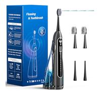Becoolpet Brosse à dents électrique avec hydropulseur, brosse à dents portable, étanche IPX8, tête de brosse et buse, pour voyage et maison, noir