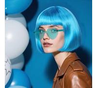 BECULINA Perruque au carré bleu brillant + bonnet de cheveux - Perruque bleue amusante avec frange pour femme - Perruque de cosplay pour cosplay, Halloween, fête à thème