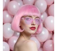 BECULINA Perruque courte au carré rose + bonnet de cheveux + lunettes de soleil - Perruque courte droite rose clair avec frange plate pour femme - Perruque de cosplay - Costume d'Halloween