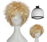 BECULINA Perruque courte blonde brillante avec bonnet de cheveux platine - Perruques à pointes avec frange pour homme - Perruque courte blonde superposée - Cheveux blonds désordonnés - Cheveux de