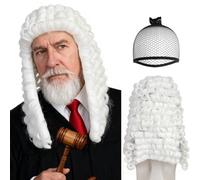 BECULINA Perruque d'avocat blanche juge colonial avec bonnet de cheveux longs bouclés poudrés pour hommes drôles perruques de juge blanches Peluca Blanca pour Halloween Costume Fête de Noël Halloween