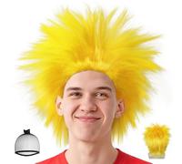 BECULINA Perruque pointue jaune 【+bonnet de cheveux】 Perruque synthétique drôle et folle perruque de cosplay jaune pour homme, sport, fans, événements, été, fêtes, costume amusant pour adulte, costume