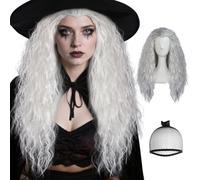 BECULINA Perruques grises bou s【+bonnet de cheveux】 Perruques longues argentées pour femme synthétique vieille femme perruque cosplay femme drôle folle perruque longue grise pour Halloween, costume