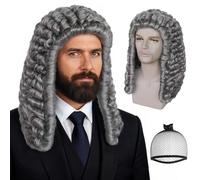 BECULINA Perruques grises pour homme avec bonnet de cheveux, perruques grises bouclées pour cheveux ondulés masculins pour Halloween, perruque colonial George Washington pour Noël et Halloween