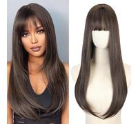 BECUS 24 inch Brown Wigs for Black Women Long Straight with Bangs Synthetic Glueless Wig for Halloween Anime Costume Cosplay