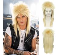 BECUS Perruque Mullet Blonde Homme 80s Rock Punk, Cheveux Longs 45cm | Style mullet rock 80s iconique, volumineux, respirant et ajustable. Parfait pour soirées costumées, concerts et festivals