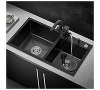 BEdaw Évier de Bar de Cuisine À Double Bol Noir Mat En Acier Inoxydable 304 Évier de Préparation de Barre Humide Évier de Camping-Car Avec Robinet Et Évacuation Montage Supérieur Ou Encastré/Black-E