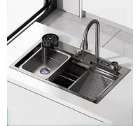 BEdaw Évier de Cuisine Noir À Une Cuve, Évier Cascade En Acier Inoxydable, Évier de Cuisine Cascade, Kit D'Évier Familial Avec Robinet Extractible 750X460X220Mm/29.5X18.1X8.7In B/A/680*450*220Mm/26.