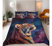 Bedding Housse de Couette 140x200 Microfibre 3D Animal Tigre Regardant les étoiles Motif Confort Parure de Lit Set + 2 Taies d'oreiller 50x75 cm Literie Avec Fermeture éclair Sangles d'angle Fixes