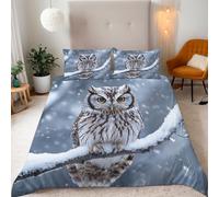 Bedding Housse de Couette 220x240 Microfibre 3D Chouette sur une branche Neige Motif Confort Parure de Lit Set + 2 Taies d'oreiller 50x75 cm Literie Avec Fermeture éclair Sangles d'angle Fixes