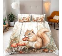 Bedding Housse de Couette 240x260 Microfibre 3D écureuil Manger des Champignon Motif Confort Parure de Lit Set + 2 Taies d'oreiller 50x75 cm Literie Avec Fermeture éclair Sangles d'angle Fixes